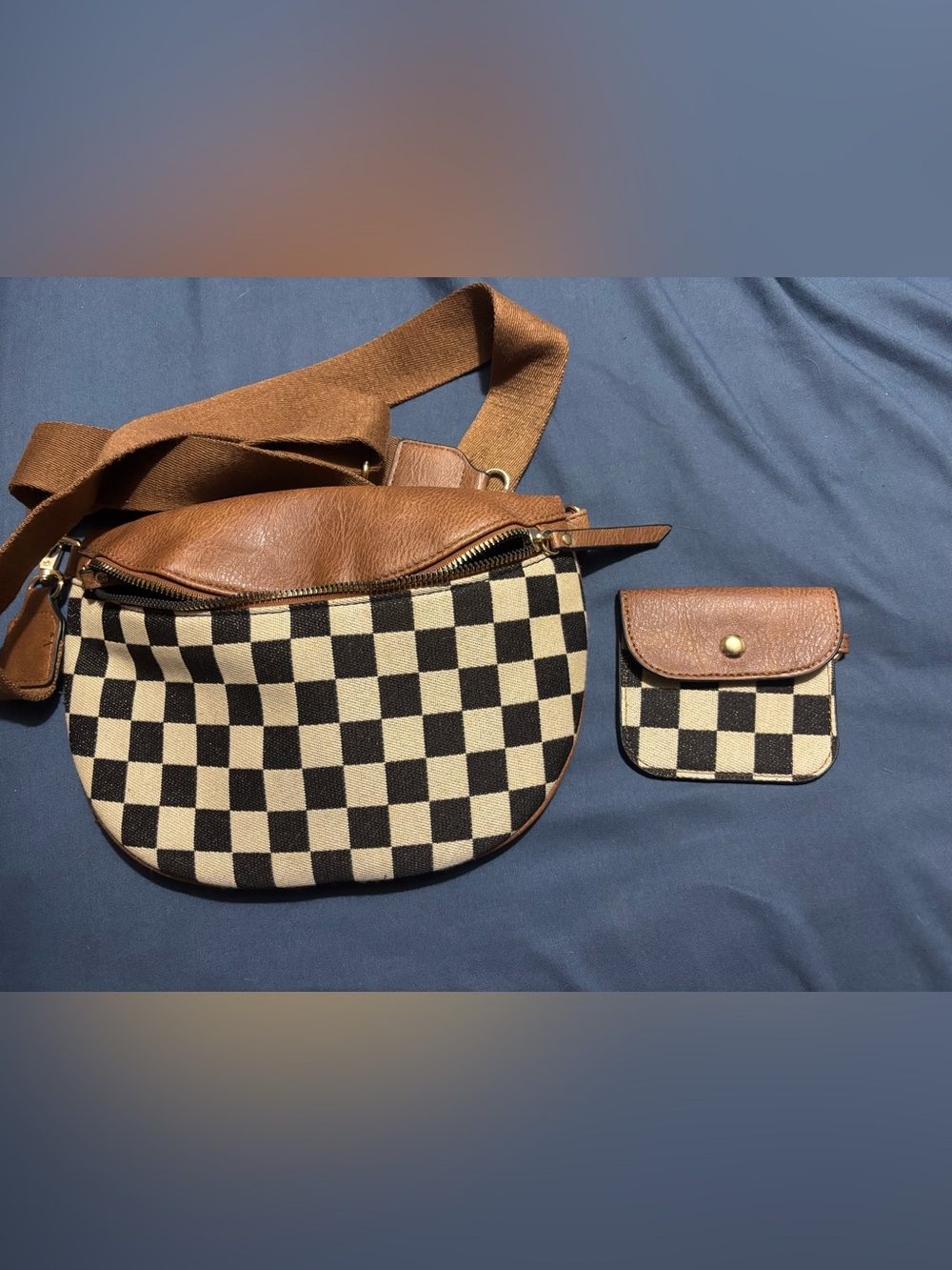 Brown Checker Canvas Crossbody Bag with Coin Pouch